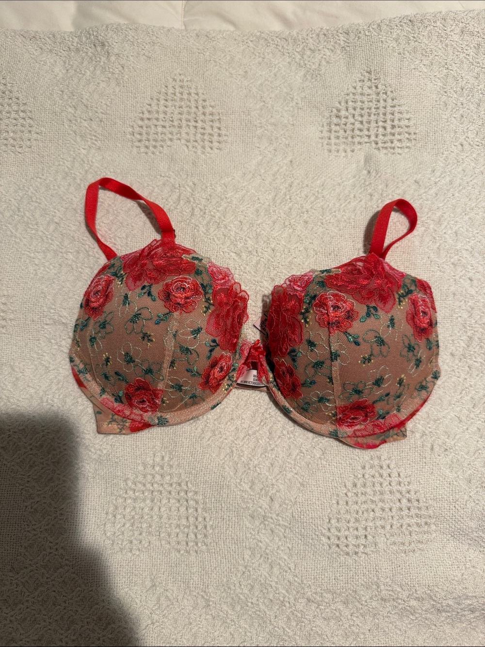 Victoria's Secret Red Floral Embroidered Nude Bra